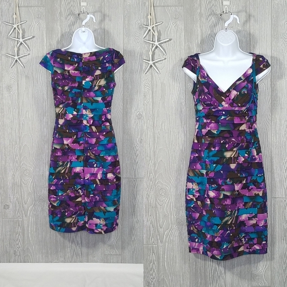 Adrianna Papell Dress Size 4 Multi Color Tiered Pleated Floral Sheath Cocktail - Picture 4 of 9